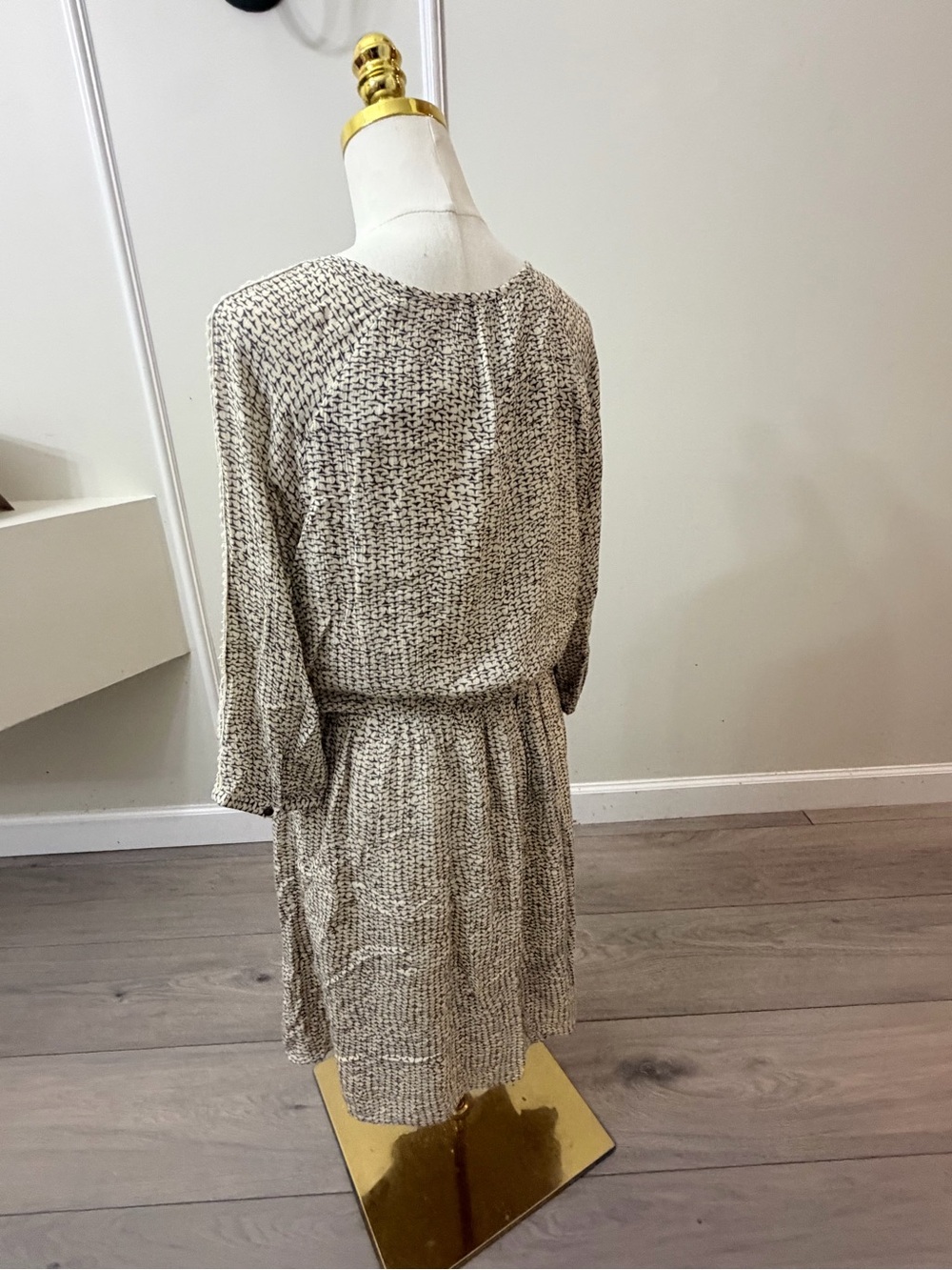 Reitmans Beige and Black Printed Tie-Neck Smocked-Waist Midi Dress - Picture 5 of 9